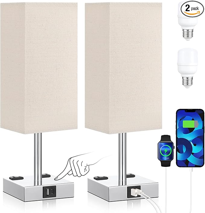 aooshine Beige Set of 2 Touch Lamp with USB Port-Nightstand Lamp with USB-C+A Charge Ports& AC Outlets, 3-Way Dimmable Bedside Lamp with Shade,Small Table Lamp for Bedroom Living Room(Bulb Included) - LeafyLoom