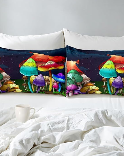 Mushroom Bedding Set Full Girls Ultra Soft Full Size Comforter Set for Boys Cute Cartoon Mushroom Comforter Set for Kids Teens Colorful Mushroom Microfiber Quilt for All Season 3Pcs with Pillowcases - LeafyLoom