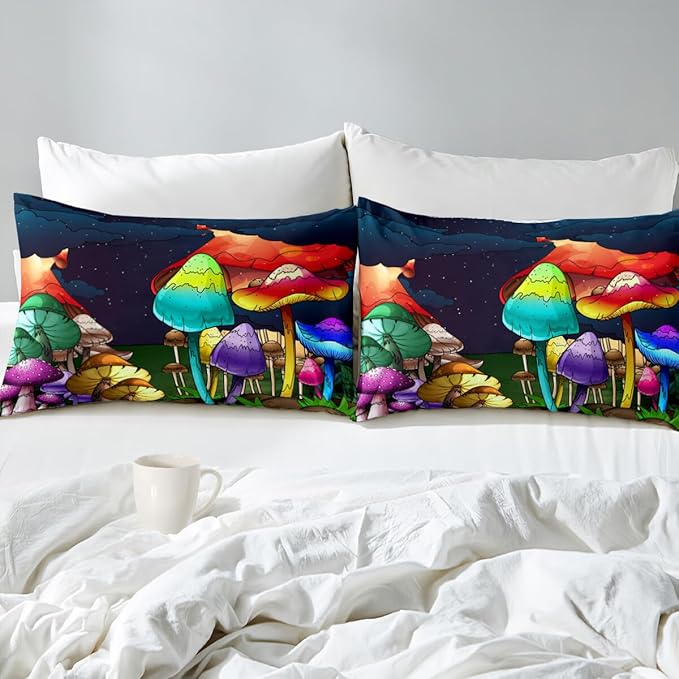 Mushroom Bedding Set Full Girls Ultra Soft Full Size Comforter Set for Boys Cute Cartoon Mushroom Comforter Set for Kids Teens Colorful Mushroom Microfiber Quilt for All Season 3Pcs with Pillowcases - LeafyLoom