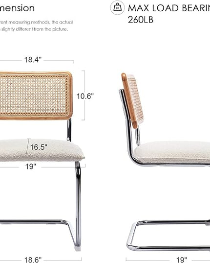 Zesthouse Rattan Dining Chairs Set of 4, Upholstered Boucle Kitchen Chairs, Mid Century Modern Breuer Designed Chairs, Armless Accent Chairs with Natural Cane Back & Stainless Chrome Base - LeafyLoom
