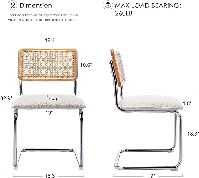Zesthouse Rattan Dining Chairs Set of 4, Upholstered Boucle Kitchen Chairs, Mid Century Modern Breuer Designed Chairs, Armless Accent Chairs with Natural Cane Back & Stainless Chrome Base - LeafyLoom