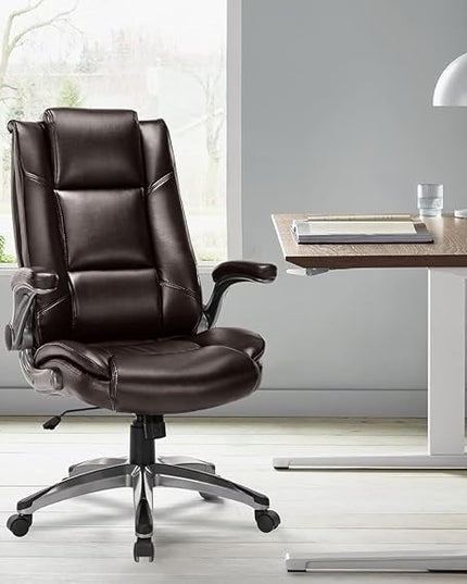 COLAMY Leather Executive Office Chair- High Back Home Computer Desk Chair with Padded Flip-up Arms, Adjustable Tilt Lock, Swivel Rolling Ergonomic Chair for Adult Working Study, Brown - LeafyLoom