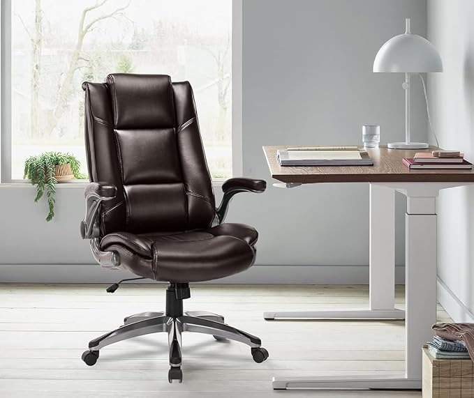 COLAMY Leather Executive Office Chair- High Back Home Computer Desk Chair with Padded Flip-up Arms, Adjustable Tilt Lock, Swivel Rolling Ergonomic Chair for Adult Working Study, Brown - LeafyLoom