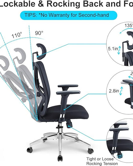 Ticova Ergonomic Office Chair - High Back Desk Chair with Adjustable Lumbar Support, Headrest & 3D Metal Armrest - 130° Rocking Mesh Computer Chair - LeafyLoom