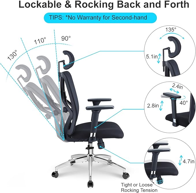 Ticova Ergonomic Office Chair - High Back Desk Chair with Adjustable Lumbar Support, Headrest & 3D Metal Armrest - 130° Rocking Mesh Computer Chair - LeafyLoom