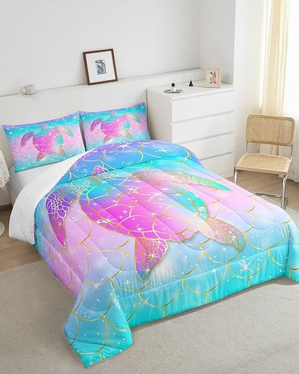 Erosebridal Mermaid Scales Comforter Set for Girls, Tortoise Reptile Bedding Set Twin Size, Sea Turtle Ocean Life Duvet Sets for Kids Children Boys Women, Sweet Girly Down Comforter, Teal Blue - LeafyLoom