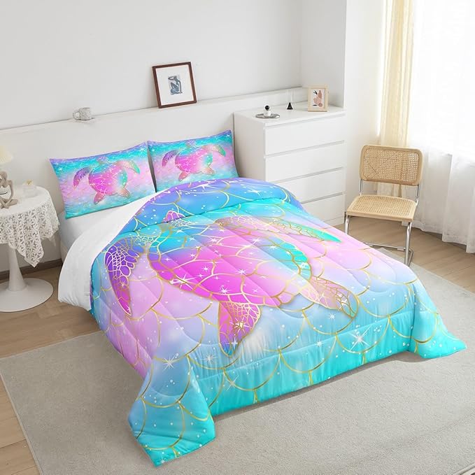 Erosebridal Mermaid Scales Comforter Set for Girls, Tortoise Reptile Bedding Set Twin Size, Sea Turtle Ocean Life Duvet Sets for Kids Children Boys Women, Sweet Girly Down Comforter, Teal Blue - LeafyLoom