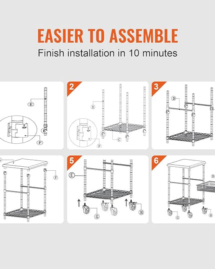 VEVOR Kitchen Utility Cart, 36.6"x20"x24" 3 Tiers Wire Rolling Cart, 470LBS Capacity Steel Service Cart with Brake Wheels, Storage Trolley with 76mm Basket PP Liner 6 Hooks, for Indoor & Outdoor Use - LeafyLoom