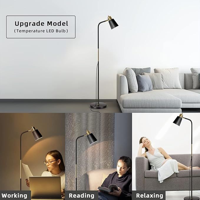Floor Lamp, Dimmable Floor Lamps for Living Rooms & Bedrooms, Farmhouse Reading Lamp - Standing, Adjustable Metal Heads Indoor Task Lighting for Living Room Bedroom Office Home Décor (Black-01) - LeafyLoom