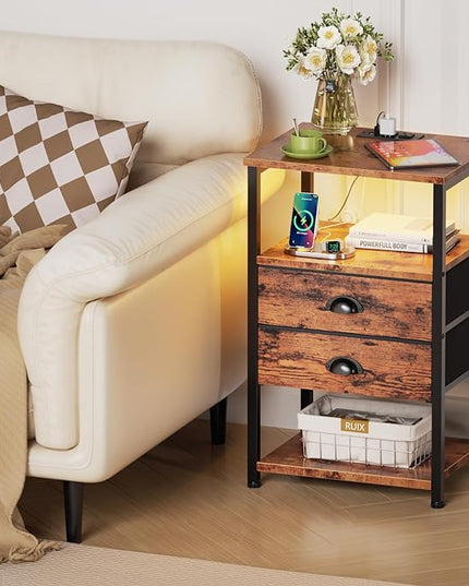 Furologee Nightstand with Charging Station, LED Night Stand with 2 Fabric Drawers, 3-Tier Storage Side Table with USB Ports & Outlets, End Table with Shelves for Lving Room/Bedroom - LeafyLoom