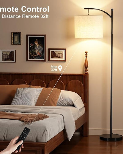 Ambimall Floor Lamp with Remote Control and Stepless Dimmable Bulb, Colors Temperature & Brightness Adjustable, Modern Floor Lamps for Living Room（Dark Beige Shade & Black Pole） - LeafyLoom