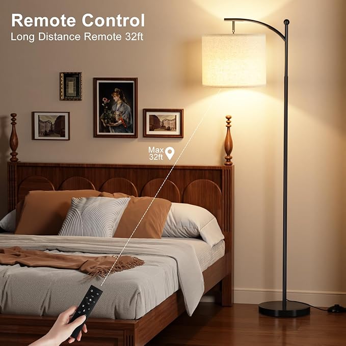 Ambimall Floor Lamp with Remote Control and Stepless Dimmable Bulb, Colors Temperature & Brightness Adjustable, Modern Floor Lamps for Living Room（Dark Beige Shade & Black Pole） - LeafyLoom