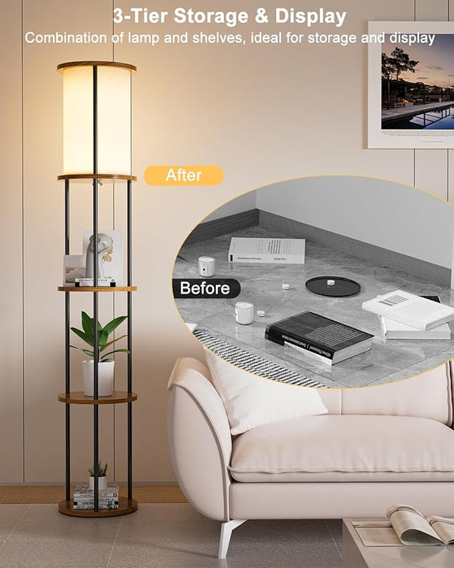 Lightdot 61IN Floor Lamp with Shelves, 3-Tier Storage Black Standing Lamps with 3000K E26 Bulb Included, Display Shelf Floor Lamp for Living Room Sofa Corner - LeafyLoom