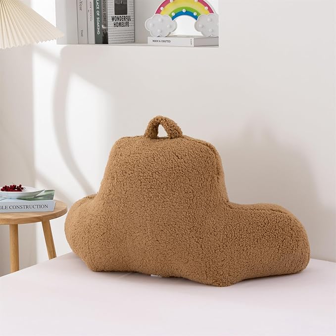 A Nice Night Sherpa Fleece Flannel Reading Pillow Bed Wedge Children Backrest with Arms Back Support for Sitting Up in Bed/Couch,Khaki - LeafyLoom