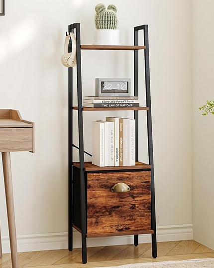 Narrow Bookshelf Bookcase with Drawer, Ladder Shelf with 2 Hooks, Bookshelves Storage Organizer, Freestanding Display Standing for Home Office, Bedroom, 4 Tier Rustic Brown BC19401B - LeafyLoom