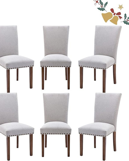 Parsons Dining Chairs Set of 6, Upholstered Nailhead Dining Room Kitchen Side Chair with Thick Cushions and Wood Legs, Light Grey - LeafyLoom