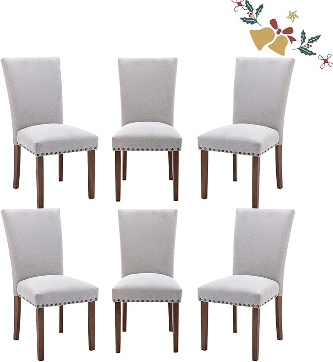 Parsons Dining Chairs Set of 6, Upholstered Nailhead Dining Room Kitchen Side Chair with Thick Cushions and Wood Legs, Light Grey - LeafyLoom