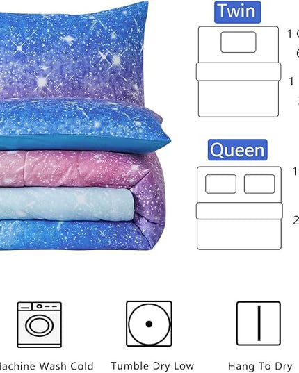 Rainbow Glitter Comforter Set Twin Size for Girls, Sparkle Galaxy Twinkle Starlight Comforter for Kids,2 Piece Aqua Blue Purple Pink Ombre Pastel Bedding Set with 1 Pillow Case(Rainbow,Twin) - LeafyLoom