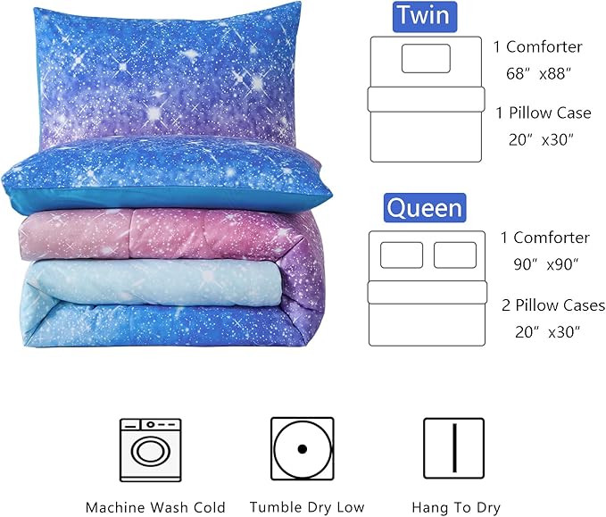 Rainbow Glitter Comforter Set Twin Size for Girls, Sparkle Galaxy Twinkle Starlight Comforter for Kids,2 Piece Aqua Blue Purple Pink Ombre Pastel Bedding Set with 1 Pillow Case(Rainbow,Twin) - LeafyLoom