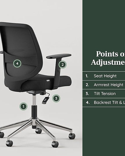Branch Daily Chair - Computer Office Chair with Swivel, Lumbar Rest, and Adjustable Armrests - Sustainable, Stylish Mesh, & Adjustable Armrests - Comfortable Seating for Improved Posture - Black - LeafyLoom