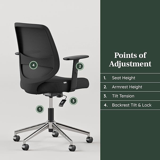 Branch Daily Chair - Computer Office Chair with Swivel, Lumbar Rest, and Adjustable Armrests - Sustainable, Stylish Mesh, & Adjustable Armrests - Comfortable Seating for Improved Posture - Black - LeafyLoom