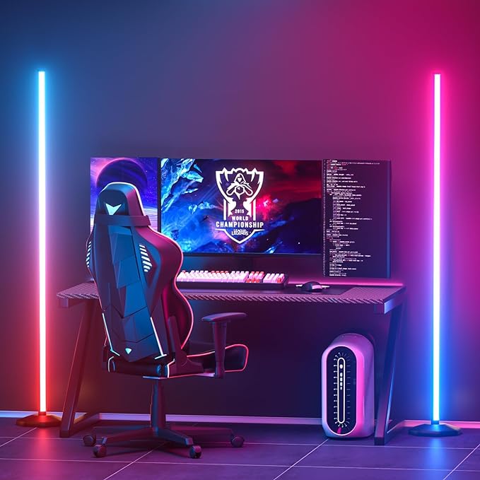 bedee LED Corner Floor Lamp: 64.5 Inch RGB Color Changing with Music Sync, Modern Standing Mood Lighting Remote & App Control, Creative DIY Mode Timing for Living Room Gaming - LeafyLoom