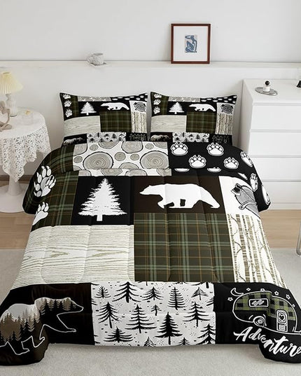 Bear Comforter Set Full Size,Pine Trees Animals Hunting Bedding Set for Kids Boys Girls Adults Room Decor,Camping Adventure Rustic Farmhouse Down Comforter,Green Plaids Duvet Insert,2 Pillowcases - LeafyLoom