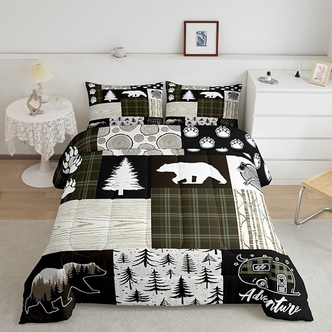 Bear Comforter Set Full Size,Pine Trees Animals Hunting Bedding Set for Kids Boys Girls Adults Room Decor,Camping Adventure Rustic Farmhouse Down Comforter,Green Plaids Duvet Insert,2 Pillowcases - LeafyLoom