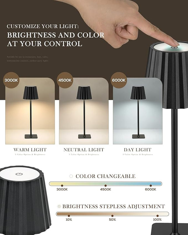 Cordless LED Desk Lamps, Rechargeable Black Table Lamp with 3 Colors Stepless Dimming, 5200mAh Battery Operated for Home Office Restaurant Bedroom Bars (2 Pack), TL02BK-2PK - LeafyLoom