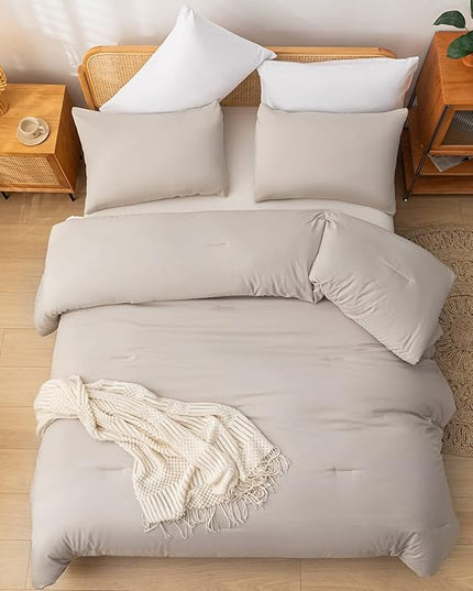 Queen Comforter Solid Color 3PCS Boho Bed Comforter Set Queen Size Tannish Grey Soft Lightweight Down Alternative Microfiber Comforter for All Season (1 Comforter, 2 Pillowcases) - LeafyLoom
