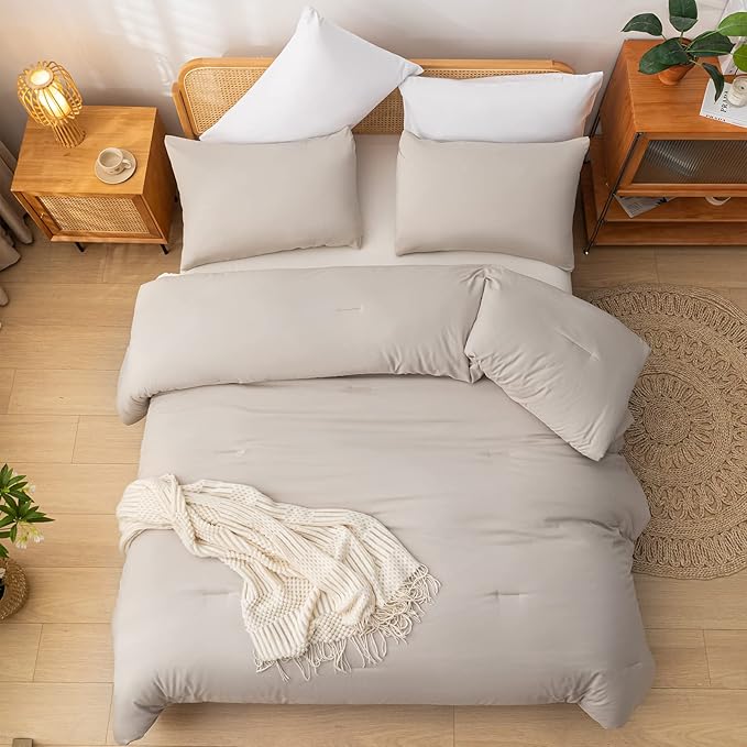 Queen Comforter Solid Color 3PCS Boho Bed Comforter Set Queen Size Tannish Grey Soft Lightweight Down Alternative Microfiber Comforter for All Season (1 Comforter, 2 Pillowcases) - LeafyLoom