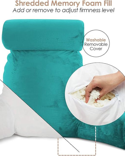Clara Clark Reading Pillow, Large Back Pillow for Sitting Up in Bed, Memory Foam Back Support Pillow, Reading Pillows for Sitting in Bed Adult, Teal Sit Up Pillow for Bed Chair with Arms and Pockets - LeafyLoom