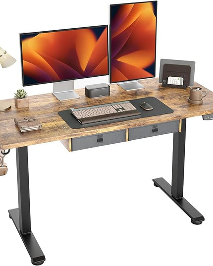Standing Desk with 2 Drawers, Adjustable Height Electric Desk with Storage, 55 x 24 Inches Sit Stand Up Computer Table for Work Office Home, Rustic Brown - LeafyLoom