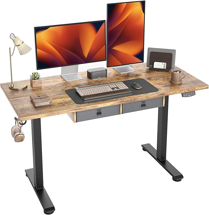 Standing Desk with 2 Drawers, Adjustable Height Electric Desk with Storage, 55 x 24 Inches Sit Stand Up Computer Table for Work Office Home, Rustic Brown - LeafyLoom