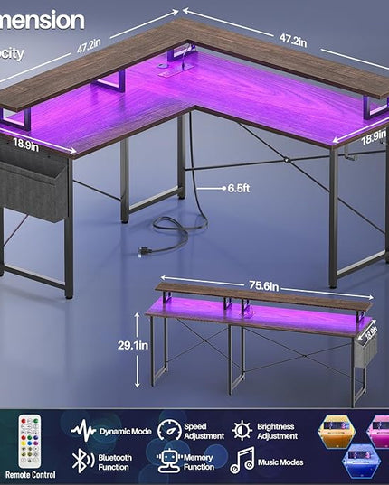 armocity L Shaped Computer Desk with Power Outlets, Gaming Desk L Shaped with LED Lights, Corner Desk with Storage Shelves, Work Study Desk for Bedroom, Home Office Small Spaces, 47'', Black - LeafyLoom