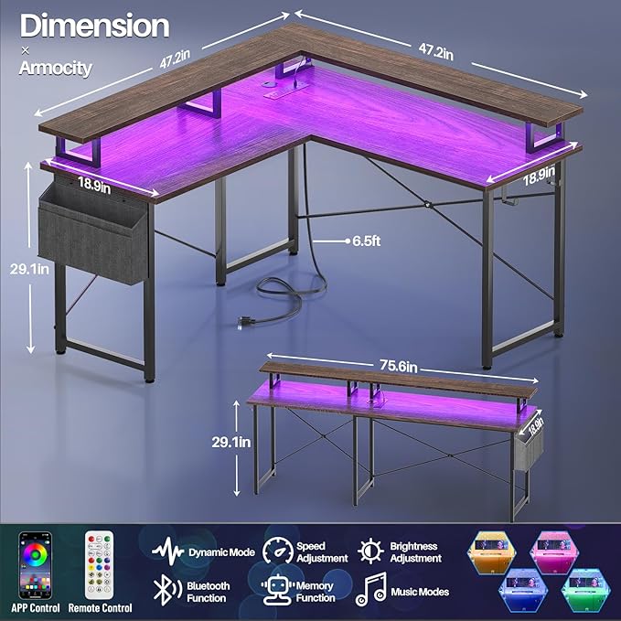 armocity L Shaped Computer Desk with Power Outlets, Gaming Desk L Shaped with LED Lights, Corner Desk with Storage Shelves, Work Study Desk for Bedroom, Home Office Small Spaces, 47'', Black - LeafyLoom