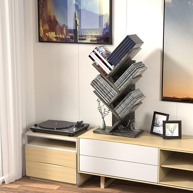 Topfurny Tree Bookshelf, 4-Tier Book Storage Organizer Shelves Floor Standing Bookcase, Wood Storage Rack for Office Home School Shelf Display for Cd/Magazine/Book -Black Oak - LeafyLoom