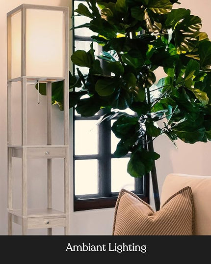 Brightech Maxwell Drawer Edition - Modern Shelf Floor Lamp with Drawer - Corner Display Floor Lamps with Shelves for Living Room, Bedroom and Office - Rustic Wood - LeafyLoom