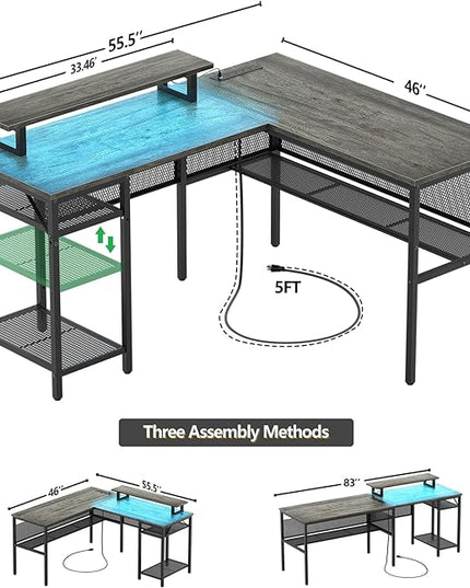 L Shaped Computer Desk with Magic Power Outlets and Smart LED Light, Reversible Office Corner Desk with Ergonomic Monitor Stand, Large Gaming Table with Storage, Sleek Grid Design, Black Oak - LeafyLoom