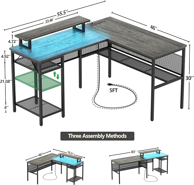 L Shaped Computer Desk with Magic Power Outlets and Smart LED Light, Reversible Office Corner Desk with Ergonomic Monitor Stand, Large Gaming Table with Storage, Sleek Grid Design, Black Oak - LeafyLoom