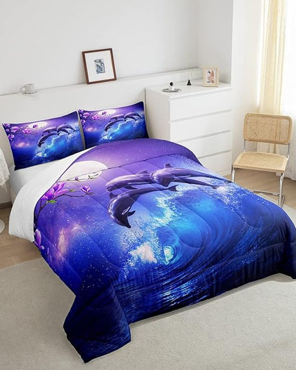 Erosebridal Galaxy Dolphin Comforter Set Full,Coastal Ocean Waves Comforter Sky Starry Moon Stars Cherry Blossoms Bedding Set for Girls Teen yough women Sea Animal Quilted Duvet Purple Blue 3 Pcs - LeafyLoom
