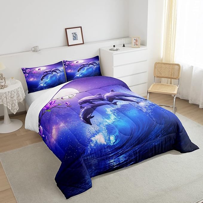 Erosebridal Galaxy Dolphin Comforter Set Full,Coastal Ocean Waves Comforter Sky Starry Moon Stars Cherry Blossoms Bedding Set for Girls Teen yough women Sea Animal Quilted Duvet Purple Blue 3 Pcs - LeafyLoom