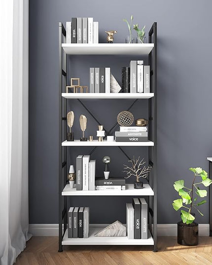 VERMESS Industrial Bookshelf, 5-Tier 24inch White Shelving Unit Wood Bookcase with Open Shelves, Rustic Standing Bookshelves Metal Frame Display Rack for Living Room,Bedroom, 24 * 11.8 * 63 inch - LeafyLoom