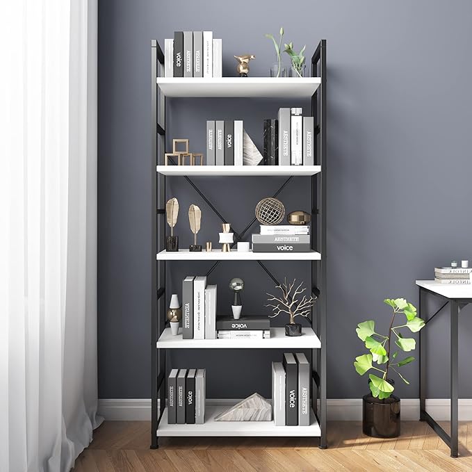 VERMESS Industrial Bookshelf, 5-Tier 24inch White Shelving Unit Wood Bookcase with Open Shelves, Rustic Standing Bookshelves Metal Frame Display Rack for Living Room,Bedroom, 24 * 11.8 * 63 inch - LeafyLoom
