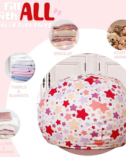 Wekapo Stuffed Animal Storage Bean Bag Chair Cover for Kids | Stuffable Zipper Beanbag for Organizing Children Plush Toys Large Premium Cotton Canvas (Large star, X-Large) - LeafyLoom