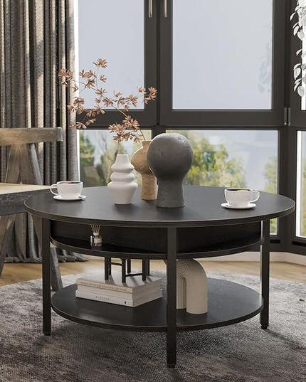 FABATO Round Lift Top Coffee Table with Storage and Hidden Compartment, 26.77'' Farmhouse Coffee Table for Living Room Reception Room, 2 Tier Small Round Coffee Table Circle Dining Table, Black - LeafyLoom