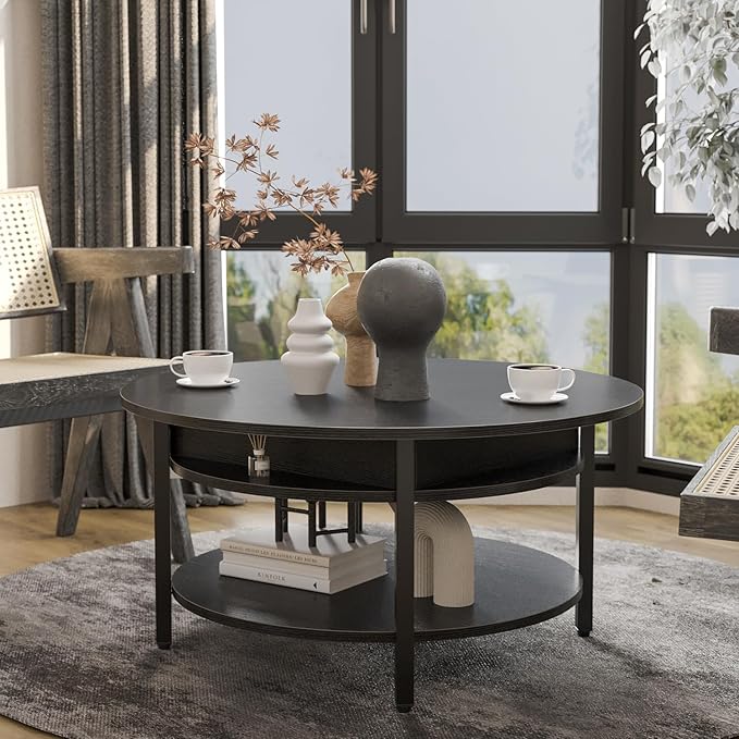 FABATO Round Lift Top Coffee Table with Storage and Hidden Compartment, 26.77'' Farmhouse Coffee Table for Living Room Reception Room, 2 Tier Small Round Coffee Table Circle Dining Table, Black - LeafyLoom