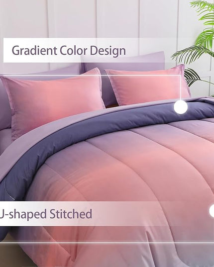 7 Pieces Comforter Set Full/Queen Size - Gradient Pink and Purple All Season Teens Rainbow Comforter Bedding Set, Ultra Soft Fluffy Microfiber Bed in a Bag for Kids - LeafyLoom