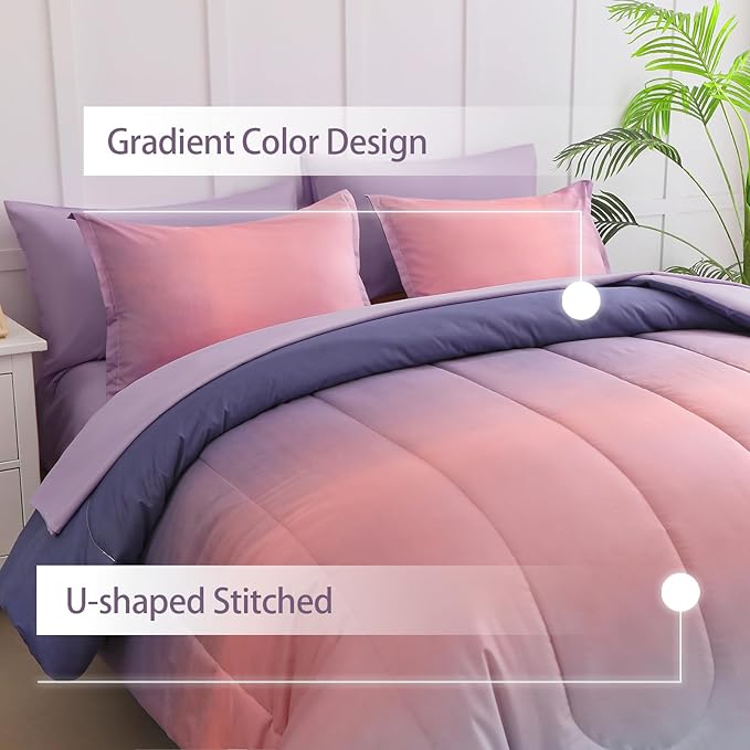 7 Pieces Comforter Set Full/Queen Size - Gradient Pink and Purple All Season Teens Rainbow Comforter Bedding Set, Ultra Soft Fluffy Microfiber Bed in a Bag for Kids - LeafyLoom