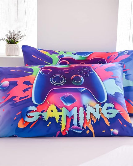 Aimuan Gaming Comforter Sets for Boys Kids Bedding Sets Video Games Console Action Buttons Novelty Colorful Game Gamepad Controller Modern Gamer Room Decor Home Quilt Set (Full, Purple) - LeafyLoom